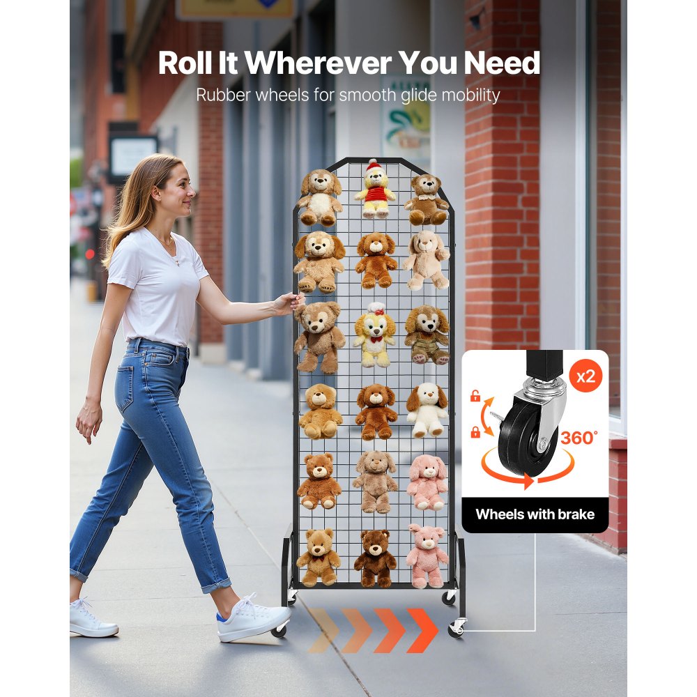 VEVOR Rasterwandpanelen 60 x 164 cm 2 stuks Roldisplaystandaard met 20 haken, displayplanken van koolstofstaal, kunstdisplayplank voor het opbergen van decoratie, zwart