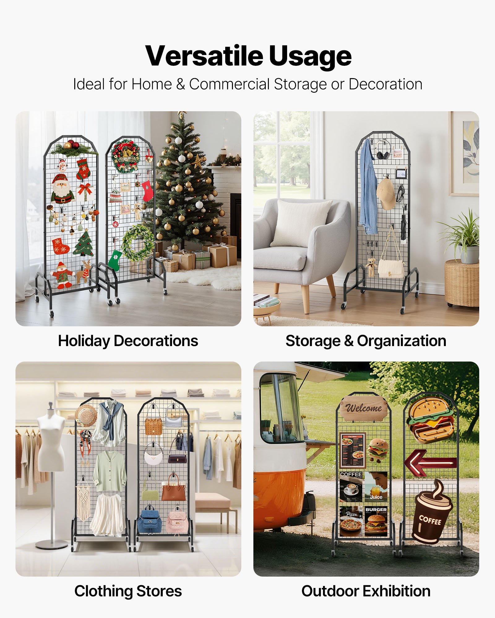 VEVOR Rasterwandpanelen 60 x 164 cm 2 stuks Roldisplaystandaard met 20 haken, displayplanken van koolstofstaal, kunstdisplayplank voor het opbergen van decoratie, zwart