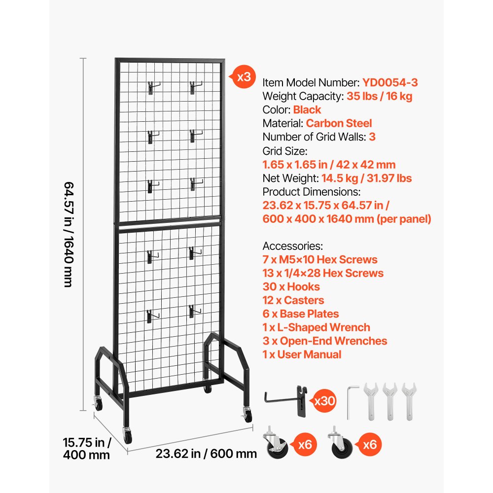 VEVOR 3 Packs Grid Wall Panels, 600 x 1640mm Wire Grid Panels Display Rack, Movable Art Display Shelf with Wheels and 30 Hooks, Black Carbon Steel Gridwall for Craft Show, Decor, Storage, Notice Board