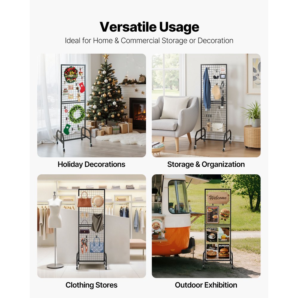 VEVOR Grid Wall Panels Grid Wall 60 x 164 cm 1 st. Oprolbare displaystandaard met 10 haken, displayplanken van koolstofstaal, kunsttentoonstellingsplank voor decoratieopslag, zwart