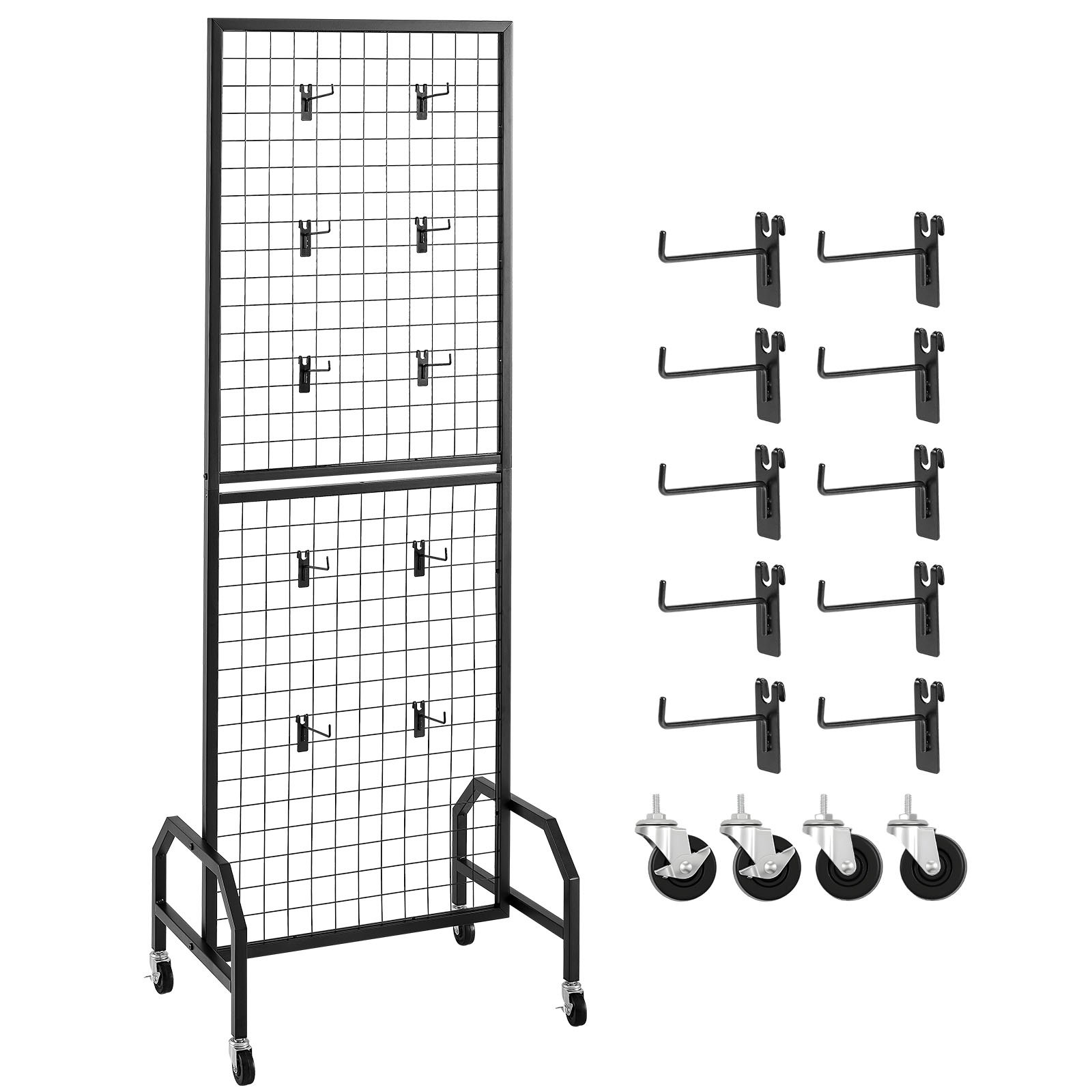 VEVOR Grid Wall Panels Grid Wall 60 x 164 cm 1 st. Oprolbare displaystandaard met 10 haken, displayplanken van koolstofstaal, kunsttentoonstellingsplank voor decoratieopslag, zwart