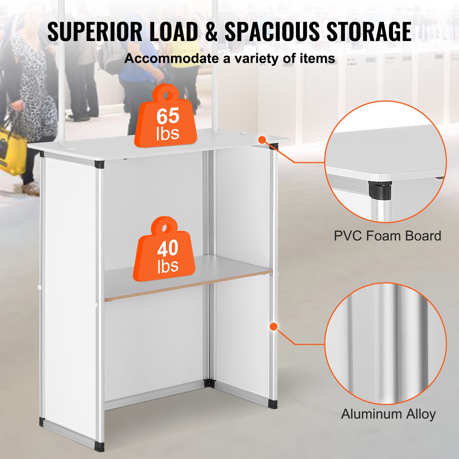 VEVOR Portable Tradeshow Podium Table, 30.91" x 14.96" x 71.46", Display Exhibition Counter Stand Booth Fair with Wall, Foldable Promotion Retail Bar Table Pop Up Podium with Storage Rack/Carrying Bag