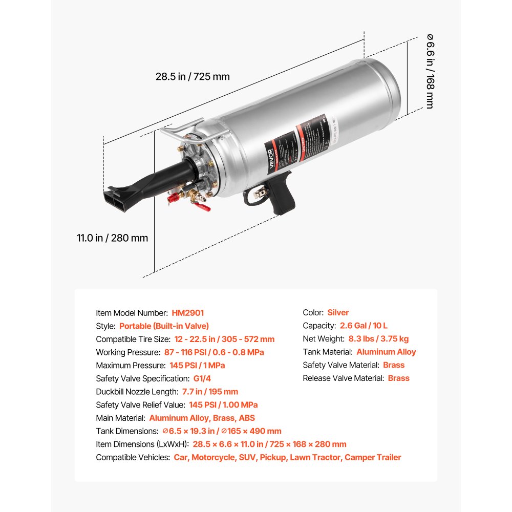 VEVOR Bandenstraalmachine 10 L Air Tire Bead Blaster Handheld Bandenpomp Tool, Verbeterde Draagbare Bandenpomp, 0,6-0,8 MPa voor Auto Motorfiets SUV Pickup ATV Zilver