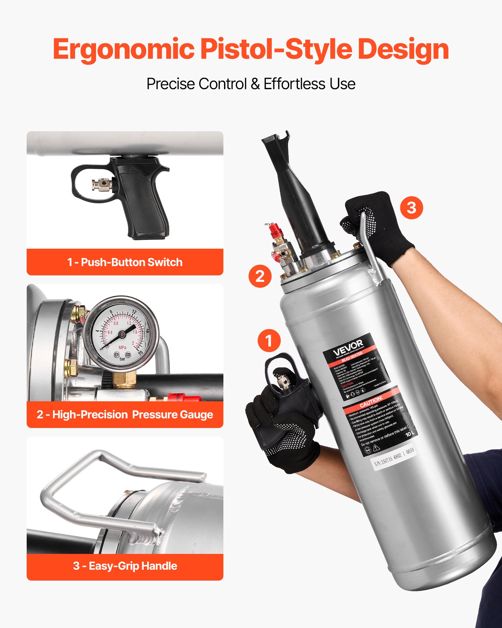 VEVOR Bandenstraalmachine 10 L Air Tire Bead Blaster Handheld Bandenpomp Tool, Verbeterde Draagbare Bandenpomp, 0,6-0,8 MPa voor Auto Motorfiets SUV Pickup ATV Zilver