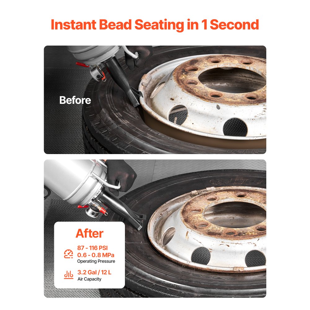 VEVOR Bandenstraalmachine 12 L Air Tire Bead Blaster Handheld Bandenpomp Tool, Verbeterde Draagbare Bandenpomp, 0,6-0,8 MPa voor Auto E-bike Camper ATV Zilver