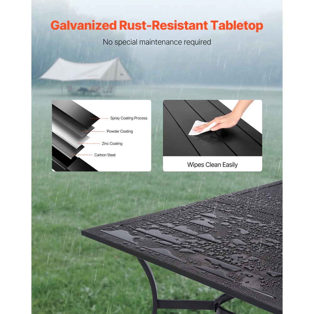 VEVOR Outdoor Patio Dining Table, 150cm Long Rectangular Metal Steel Slat Backyard Bistro Tables for 4-6, with 38mm Umbrella Hole, All-Weather Large Furniture for Lawn Garden Porch, Black