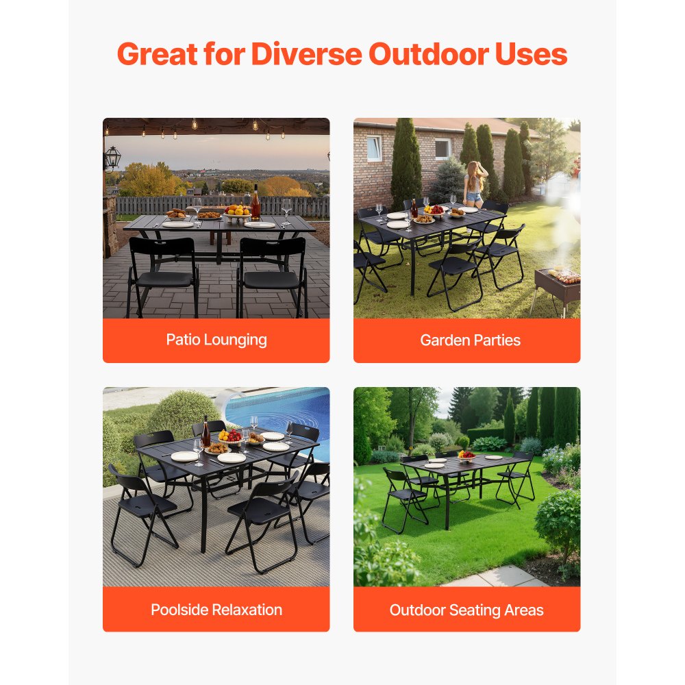 VEVOR Outdoor Patio Dining Table, 150cm Long Rectangular Metal Steel Slat Backyard Bistro Tables for 4-6, with 38mm Umbrella Hole, All-Weather Large Furniture for Lawn Garden Porch, Black