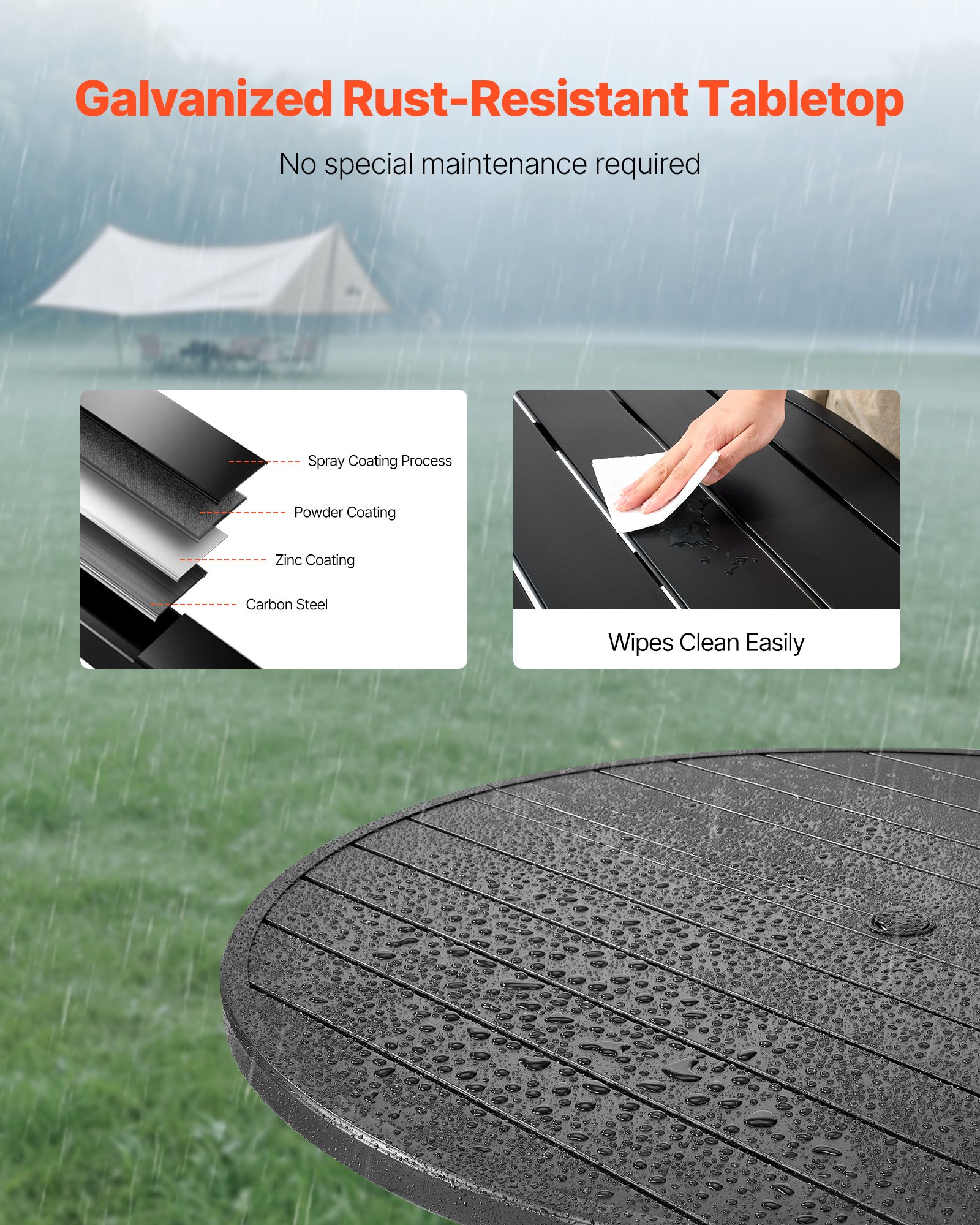 VEVOR Patiotafel Tuintafel Balkontafel (1200 x 725 mm) Gemaakt van koolstofstaal Ronde eettafel voor buiten Tuin Patio Tuin Veranda, Waterdicht, met 38 mm parasolgat, Draagvermogen 68 kg Zwart