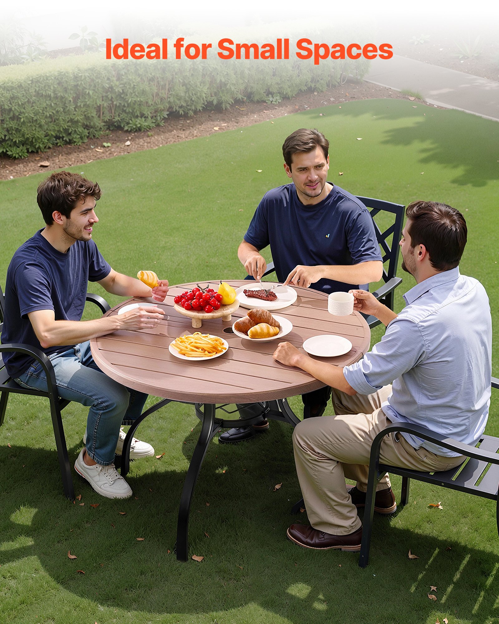 VEVOR Patiotafel Tuintafel Balkontafel (1035 x 720 mm) Gemaakt van koolstofstaal Ronde eettafel voor buiten Tuin Patio Tuin Veranda, Waterdicht, met parasolgat en houtnerf, Draagvermogen 68 kg