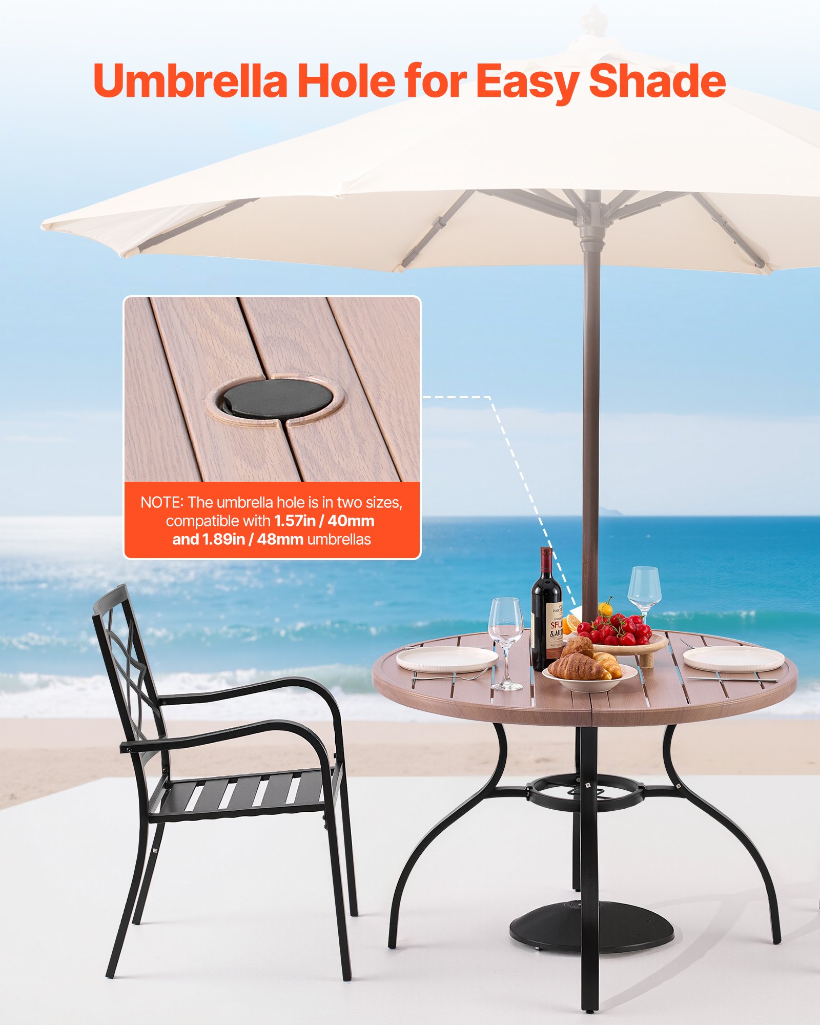 VEVOR Patiotafel Tuintafel Balkontafel (1035 x 720 mm) Gemaakt van koolstofstaal Ronde eettafel voor buiten Tuin Patio Tuin Veranda, Waterdicht, met parasolgat en houtnerf, Draagvermogen 68 kg