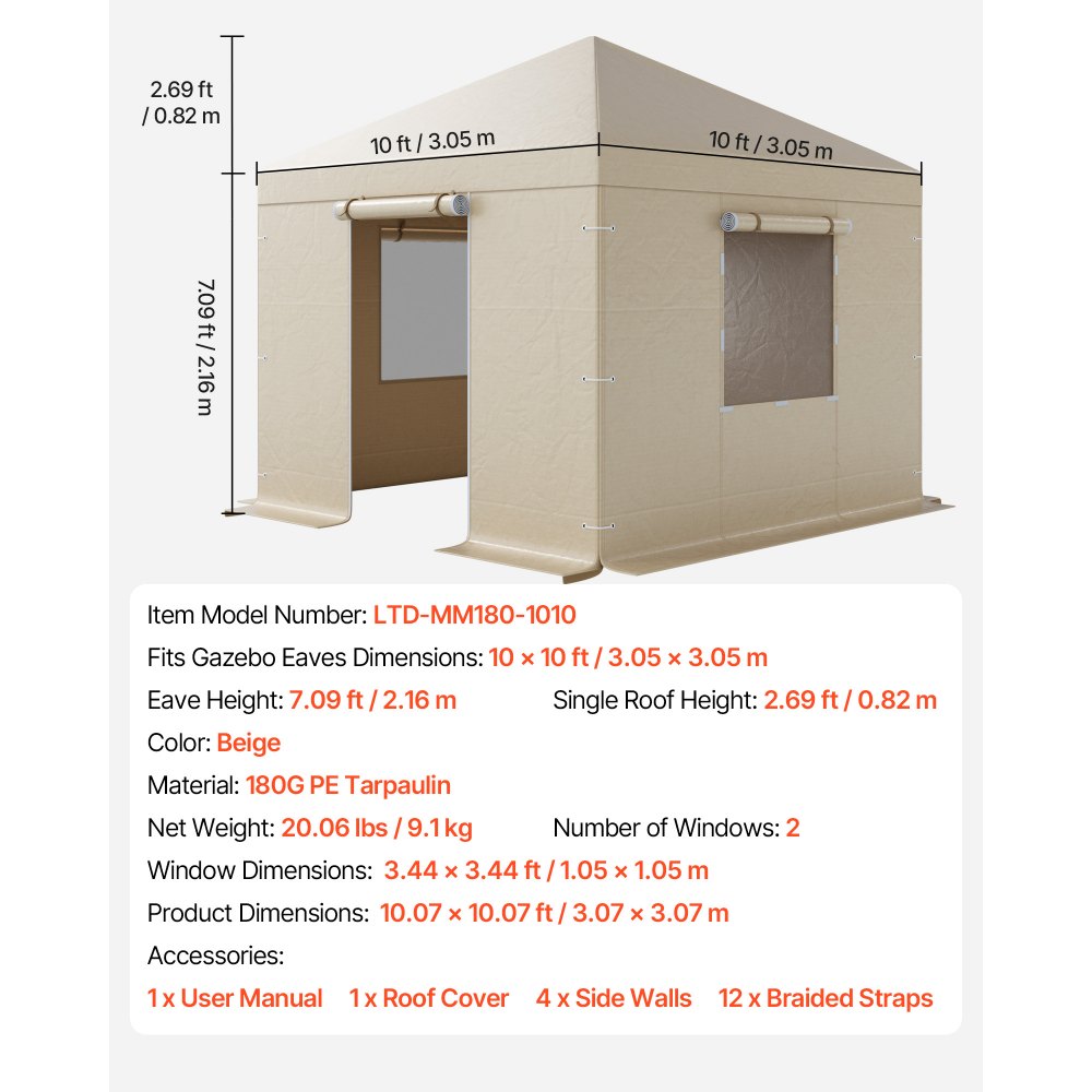 VEVOR Winter Gazebo Cover Fits 10 x 10 ft Hardtop Gazebos, All-Weather Gazebo Cover with Sidewalls & Mesh Windows, High-Density PE Material, Enclosed Storage Shelter Covers, Gazebos not Included