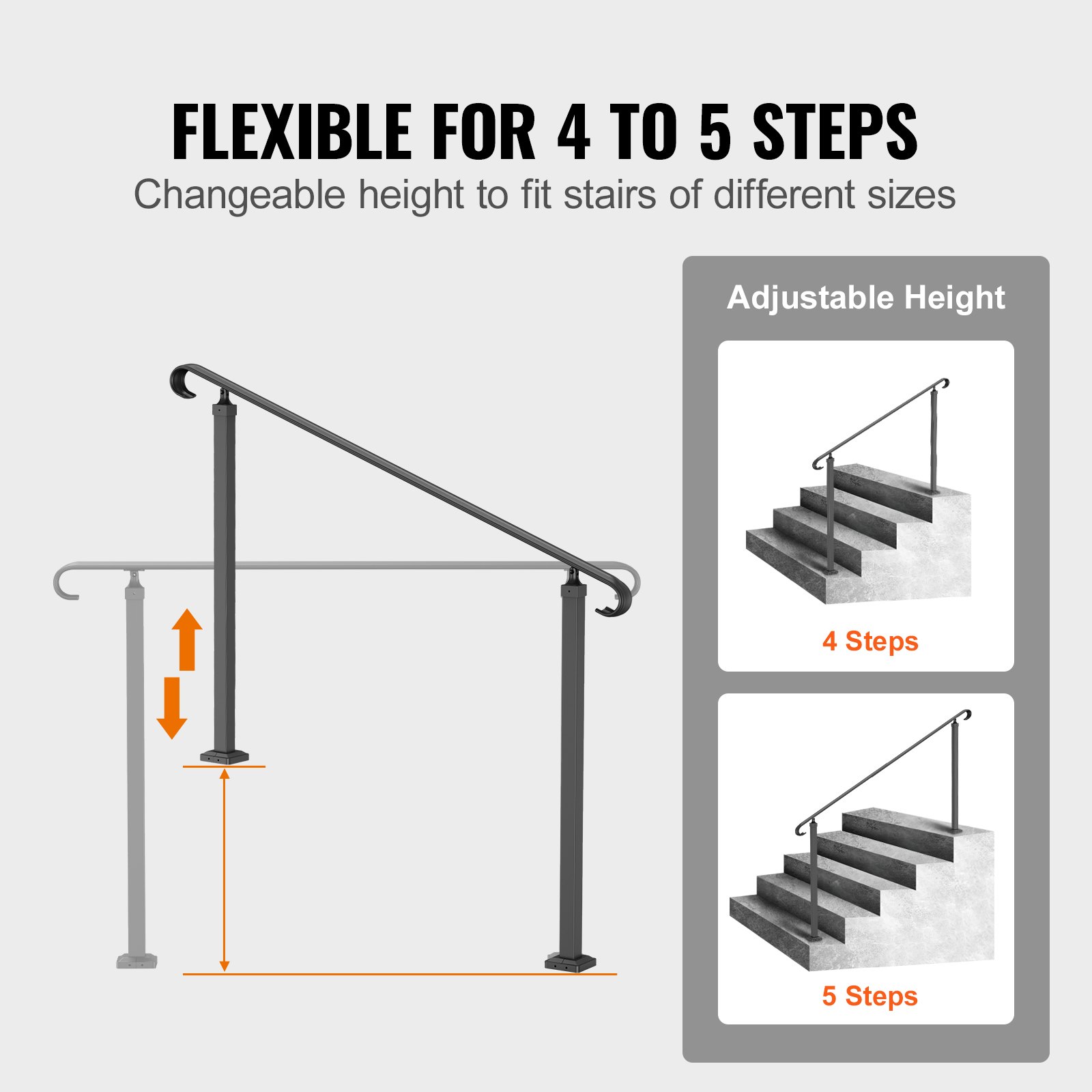 VEVOR Wrought Iron Handrail, Fit 2 or 3 Steps Outdoor Stair Railing, Adjustable Front Porch Hand Rail, Black Transitional Hand railings for Concrete Steps or Wooden Stairs with Installation Kit