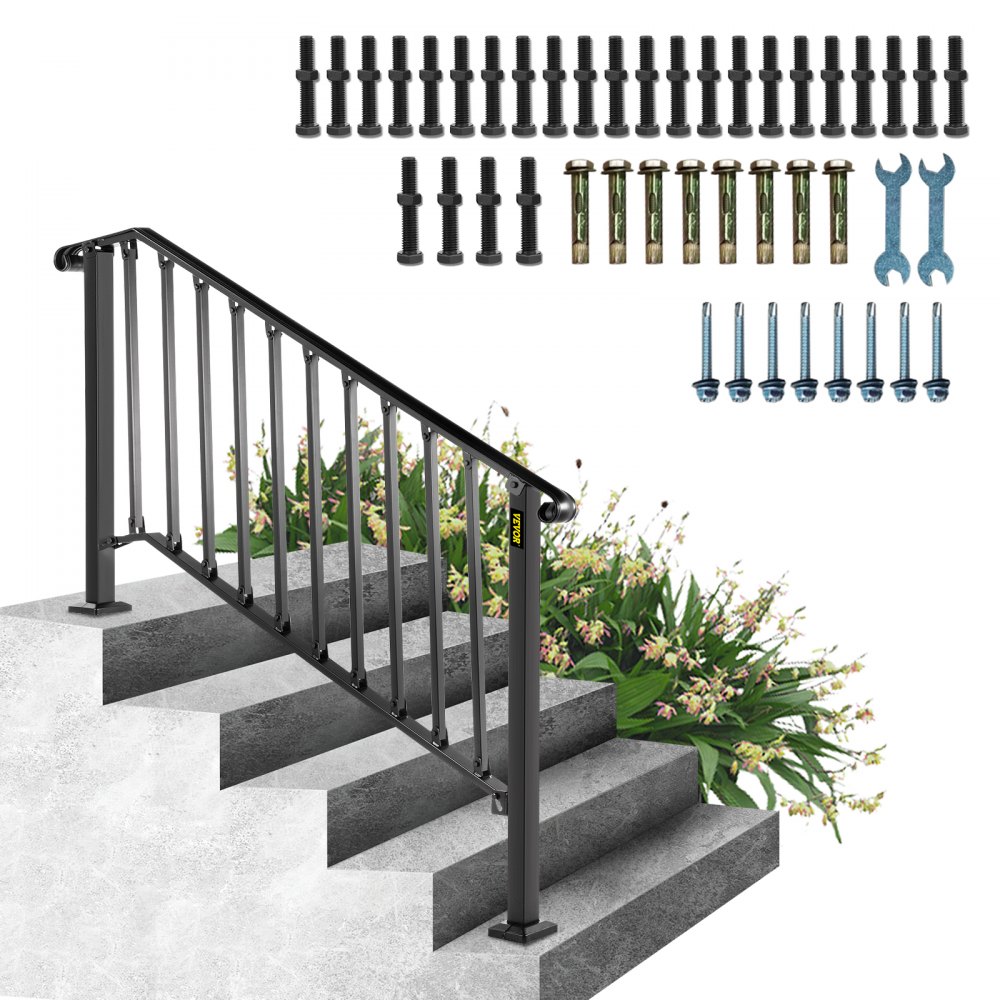 VEVOR handrails for outdoor steps with screws, bolts, and tools included.