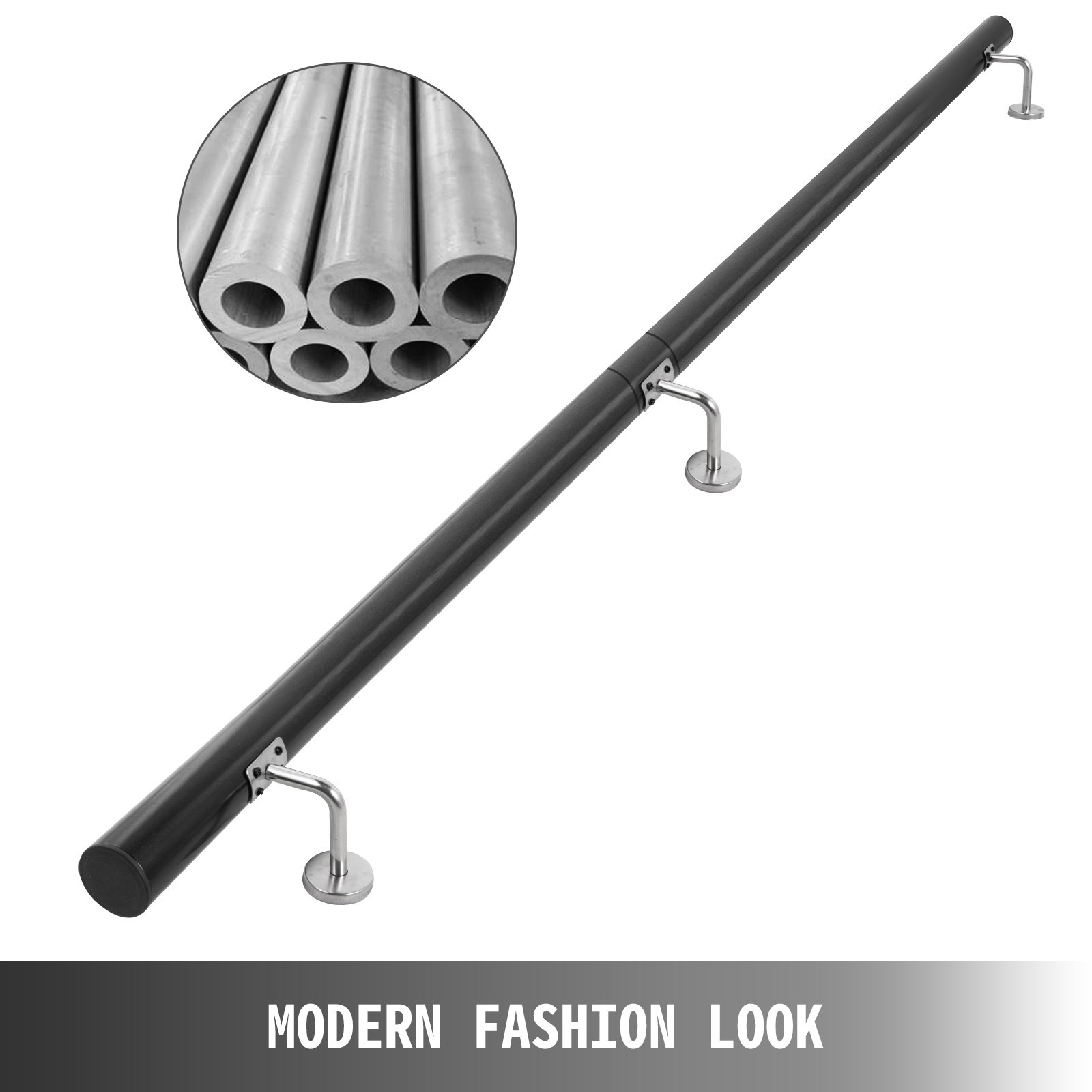 VEVOR Stair Handrail 6ft Length Stair Rail Aluminum Handrails for Stairs 200lbs Load Capacity Stairway Railing Long Steel Pipes Hand Rails for Indoor Stairs Wall Mount Staircase(Black,6ft Length)
