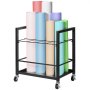 VEVOR blueprint storage rack with colorful rolled paper on a black metal frame with caster wheels.