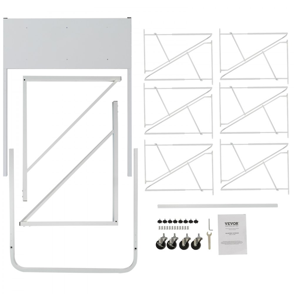 VEVOR Mobile Blueprint Storage Rack, Plan Holder with 12 Pivot Brackets, Mobile Blueprint Holder Adjustable Height & Length, Poster Display Rack for Office and Home (Rack Only Without Clamps)