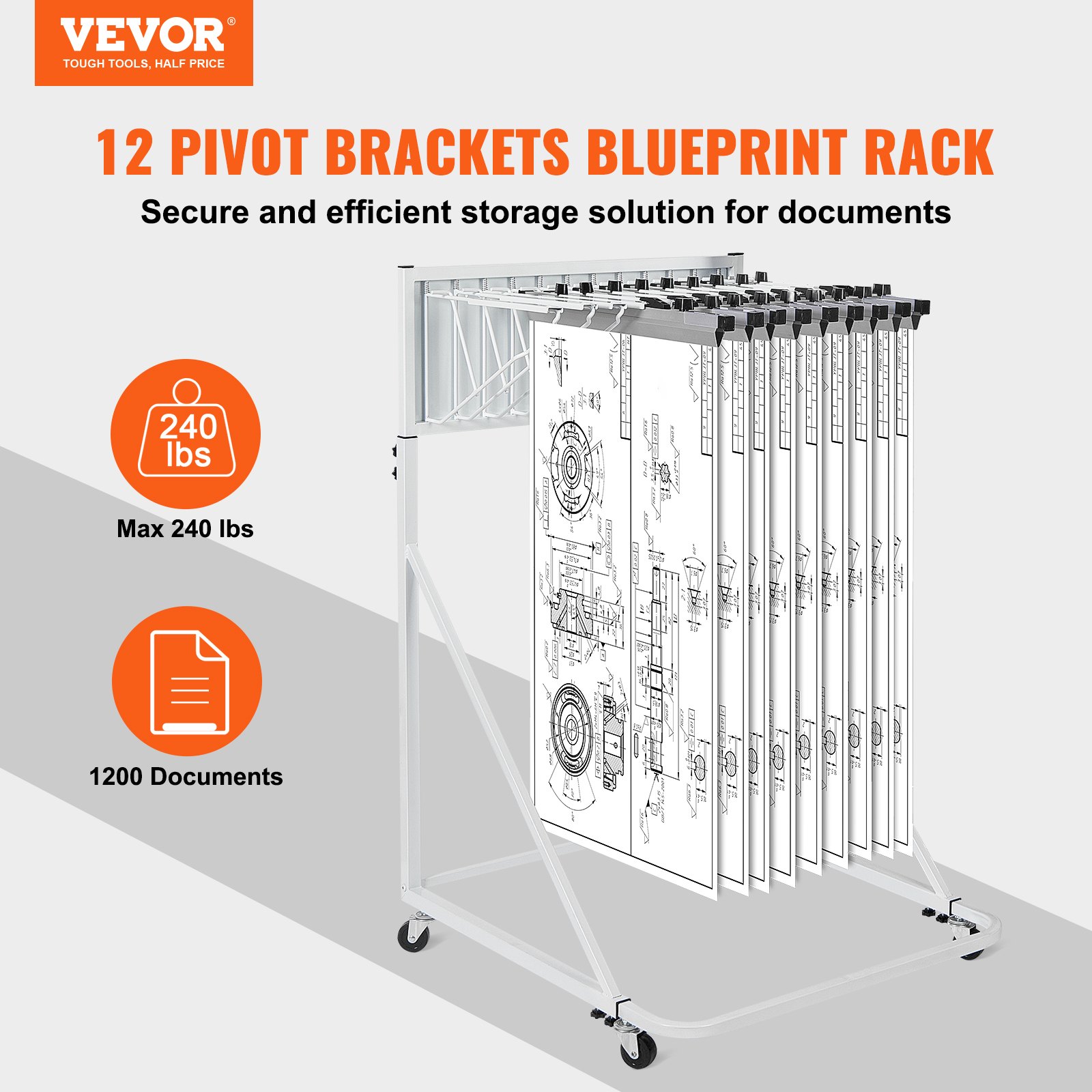 VEVOR Mobile Blueprint Storage Rack, Plan Holder with 12 Pivot Brackets, Mobile Blueprint Holder Adjustable Height & Length, Poster Display Rack for Office and Home (Rack Only Without Clamps)