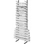 VEVOR blueprint storage rack holding multiple rolled architectural plans on a black metal frame.