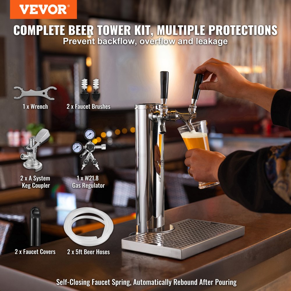 VEVOR Kegerator Tower Kit, bierconversiekit met twee kranen, roestvrijstalen biertaptoren met dubbele meter W21.8-regelaar en A-System-vatkoppeling, bierlekbak voor thuisfeesten