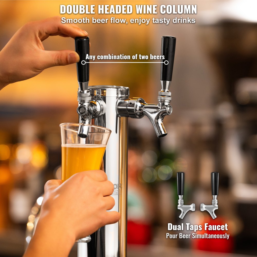 VEVOR Kegerator Tower Kit, bierconversiekit met twee kranen, roestvrijstalen biertaptoren met dubbele meter W21.8-regelaar en A-System-vatkoppeling, bierlekbak voor thuisfeesten