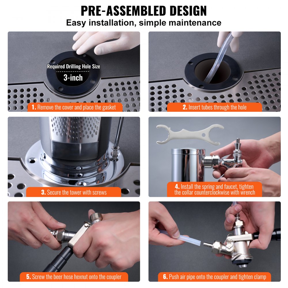VEVOR Kegerator Tower Kit, bierconversiekit met twee kranen, roestvrijstalen biertaptoren met dubbele meter W21.8-regelaar en A-System-vatkoppeling, bierlekbak voor thuisfeesten
