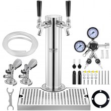 VEVOR Kegerator Tower Kit, Dual Tap Beer Conversion Kit, Stainless Steel Beer Tower Dispenser with Dual Gauge W21.8 Regulator and A-System Keg Coupler, Beer Drip Tray for Home Party