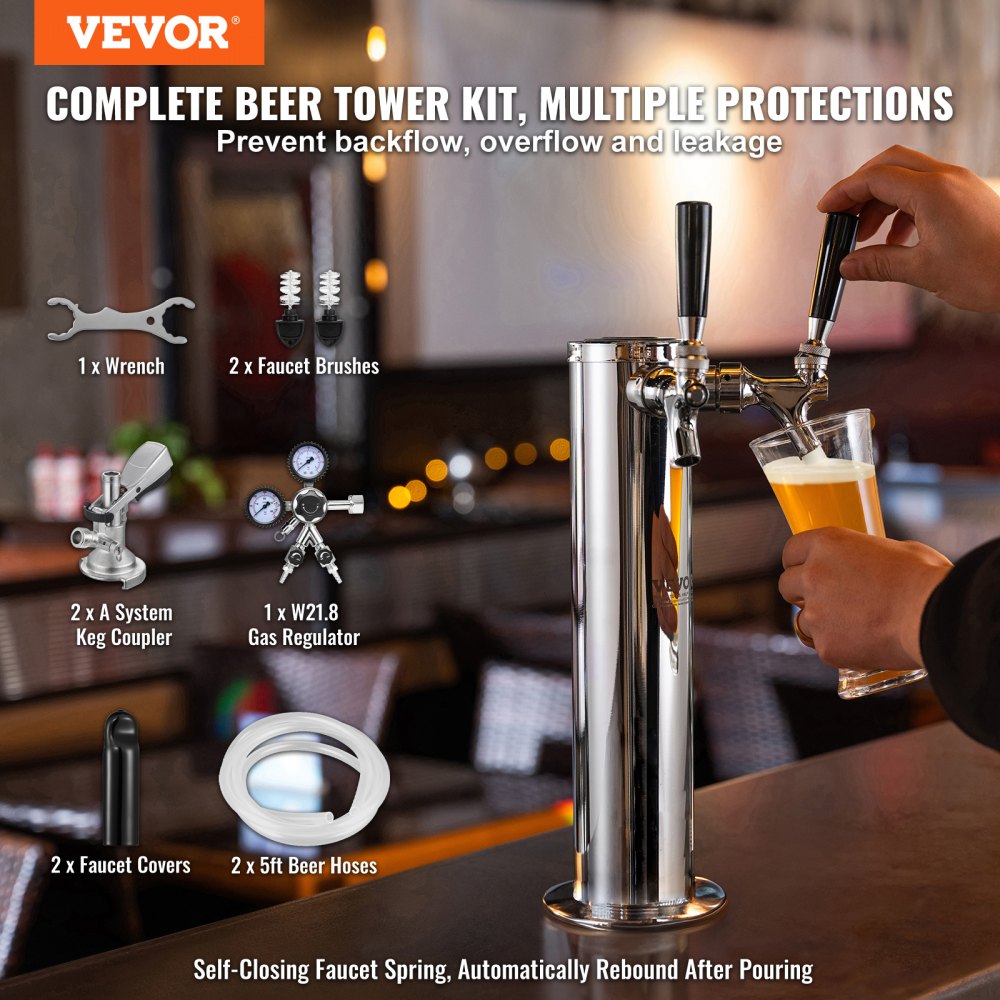 VEVOR Kegerator Tower Kit, bierconversiekit met twee kranen, roestvrijstalen biertaptoren met dubbele meter W21.8-regelaar en A-System-vatkoppeling, bierlekbak voor thuisfeesten