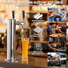 VEVOR Kegerator Tower Kit, Dual Tap Beer Conversion Kit, Stainless Steel Beer Tower Dispenser with Dual Gauge W21.8 Regulator and A-System Keg Coupler, Beer Drip Tray for Home Party