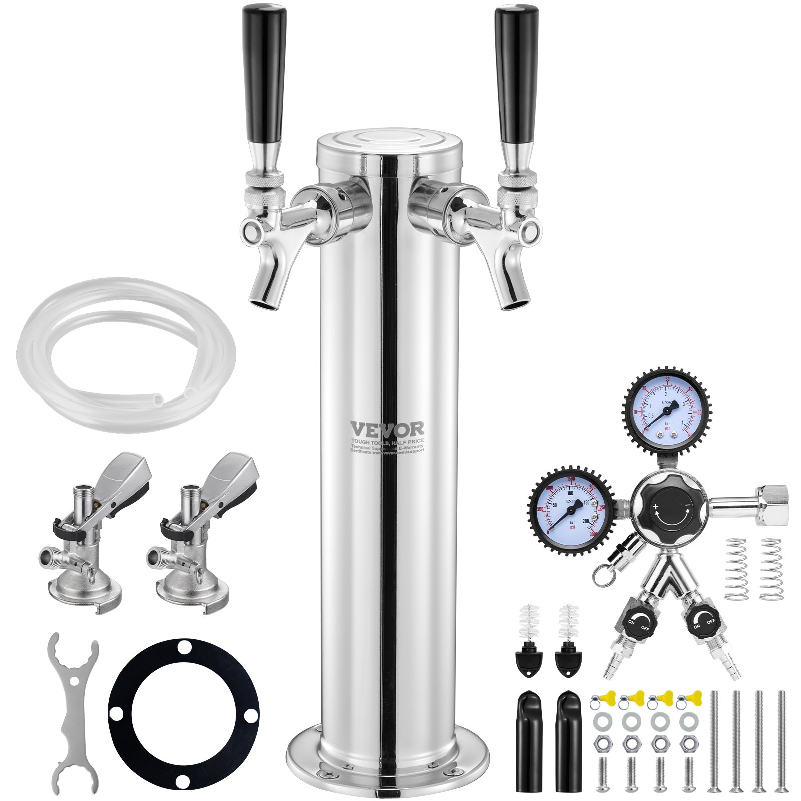 VEVOR Kegerator Tower Kit, bierconversiekit met twee kranen, roestvrijstalen biertaptoren met dubbele meter W21.8-regelaar en A-System-vatkoppeling, bierlekbak voor thuisfeesten