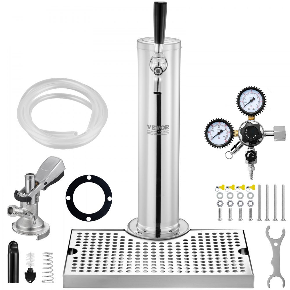 VEVOR Kegerator Tower Kit, Single Tap Beer Conversion Kit, Stainless Steel Keg Beer Tower Dispensing System with Dual Gauge W21.8 Regulator and A-System Keg Coupler, Beer Drip Tray for Home Party