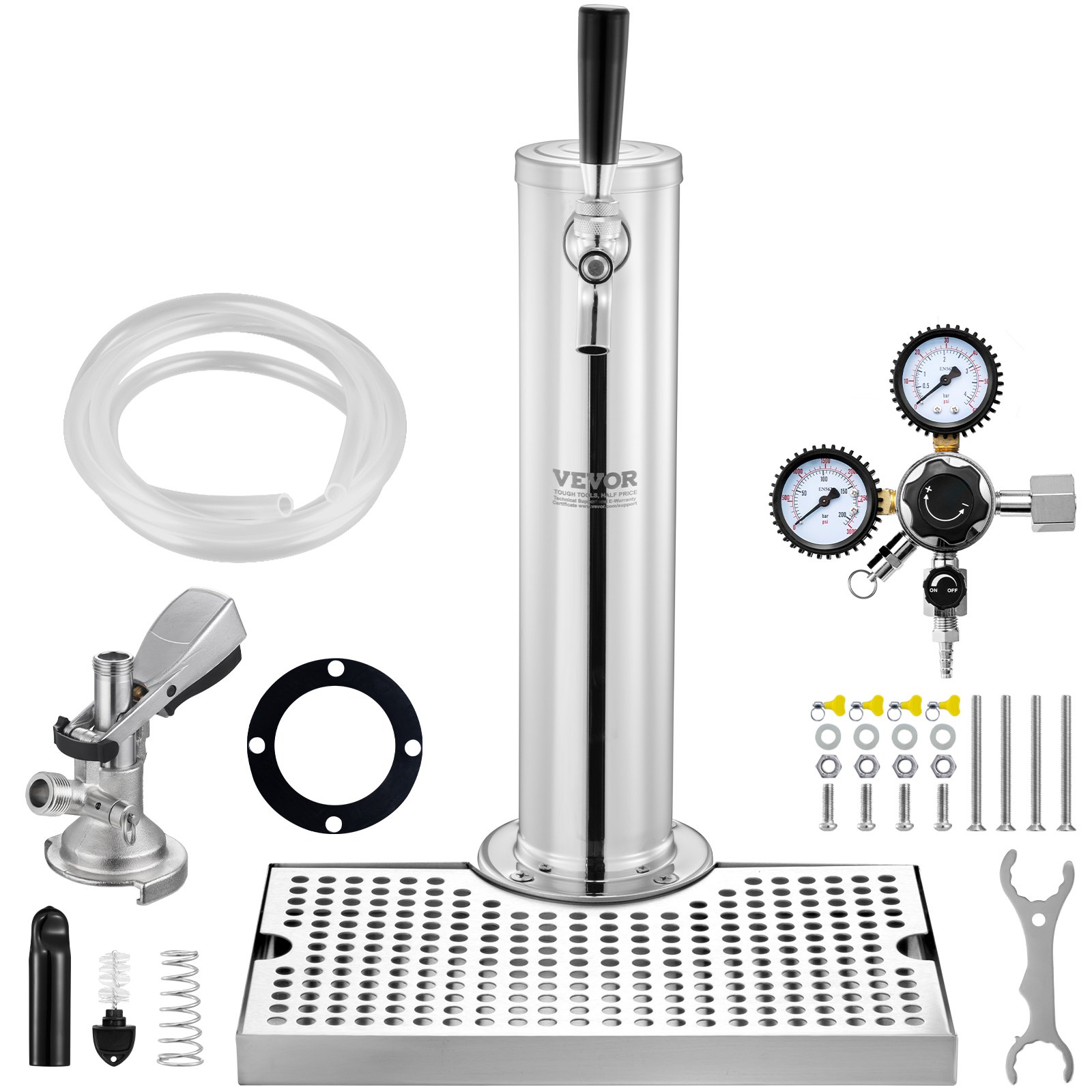 VEVOR Kegerator Tower Kit, bierconversiekit met één tap, biertapsysteem van roestvrij staal met dubbele meter W21.8-regelaar en A-System-vatkoppeling, lekbak voor bier voor thuisfeesten