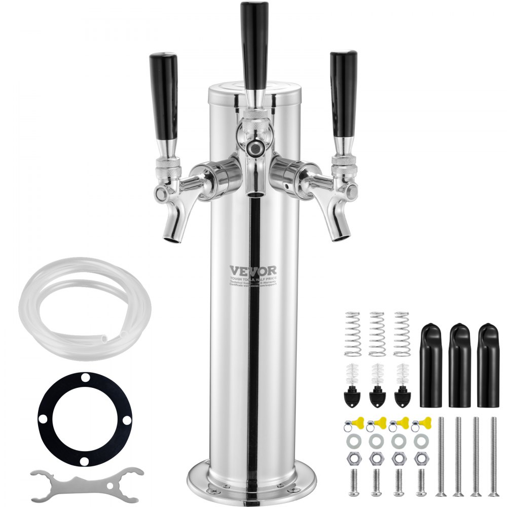 VEVOR beer tower with three taps, accessories including hoses, gaskets, screws, and wrenches.