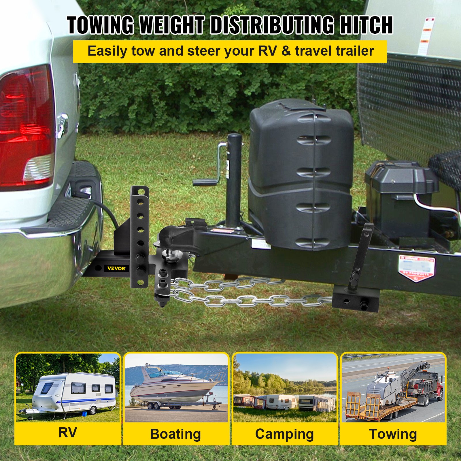 VEVOR Weight Distribution Hitch, 1000 lb Tongue Capacity Load Leveling Hitch with Sway Control, 2" Ball & 4" Drop/Rise & 4 Chains & Universal Frame Bracket, No-Bounce No-Sway Trailer Towing