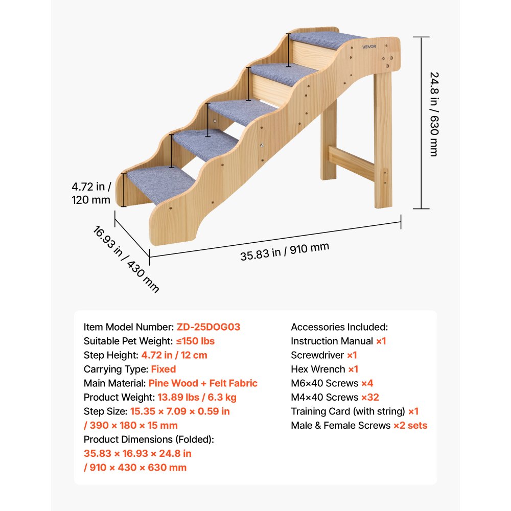VEVOR Hondentrap 910x430x630 mm, 5-treden huisdierentrap, houten trap geschikt voor kleine, middelgrote, grote en oudere huisdieren, evenals puppy's tot 68 kg, hondenladder voor bedden, banken en auto's