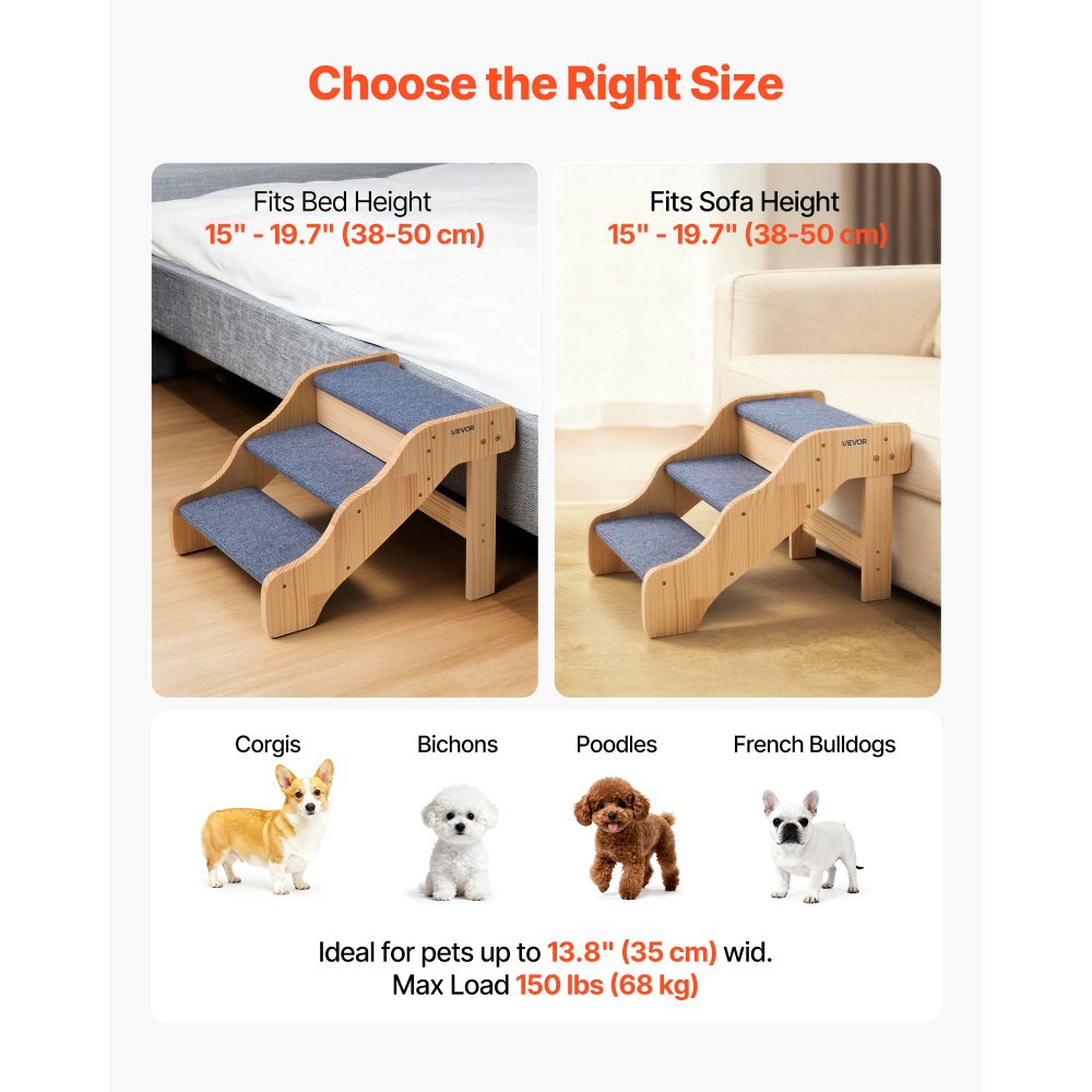 VEVOR Hondentrap 580x430x380 mm, 3-treden huisdierentrap, houten trap geschikt voor kleine, middelgrote, grote en oudere huisdieren, evenals puppy's tot 68 kg, hondenladder voor bedden, banken en auto's