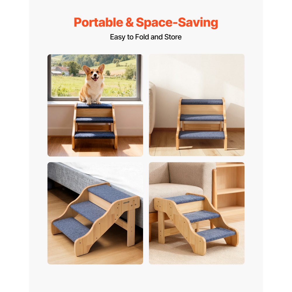 VEVOR Hondentrap 580x430x380 mm, 3-treden huisdierentrap, houten trap geschikt voor kleine, middelgrote, grote en oudere huisdieren, evenals puppy's tot 68 kg, hondenladder voor bedden, banken en auto's