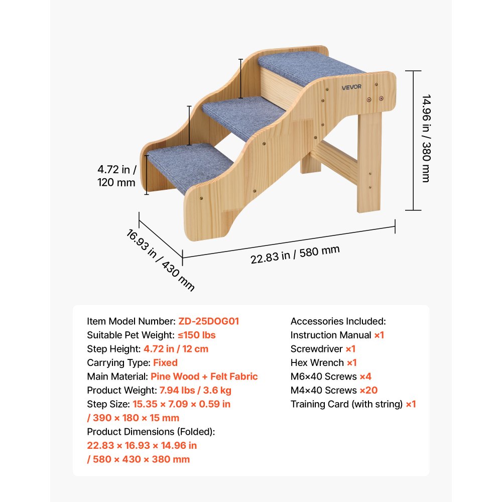 VEVOR Hondentrap 580x430x380 mm, 3-treden huisdierentrap, houten trap geschikt voor kleine, middelgrote, grote en oudere huisdieren, evenals puppy's tot 68 kg, hondenladder voor bedden, banken en auto's