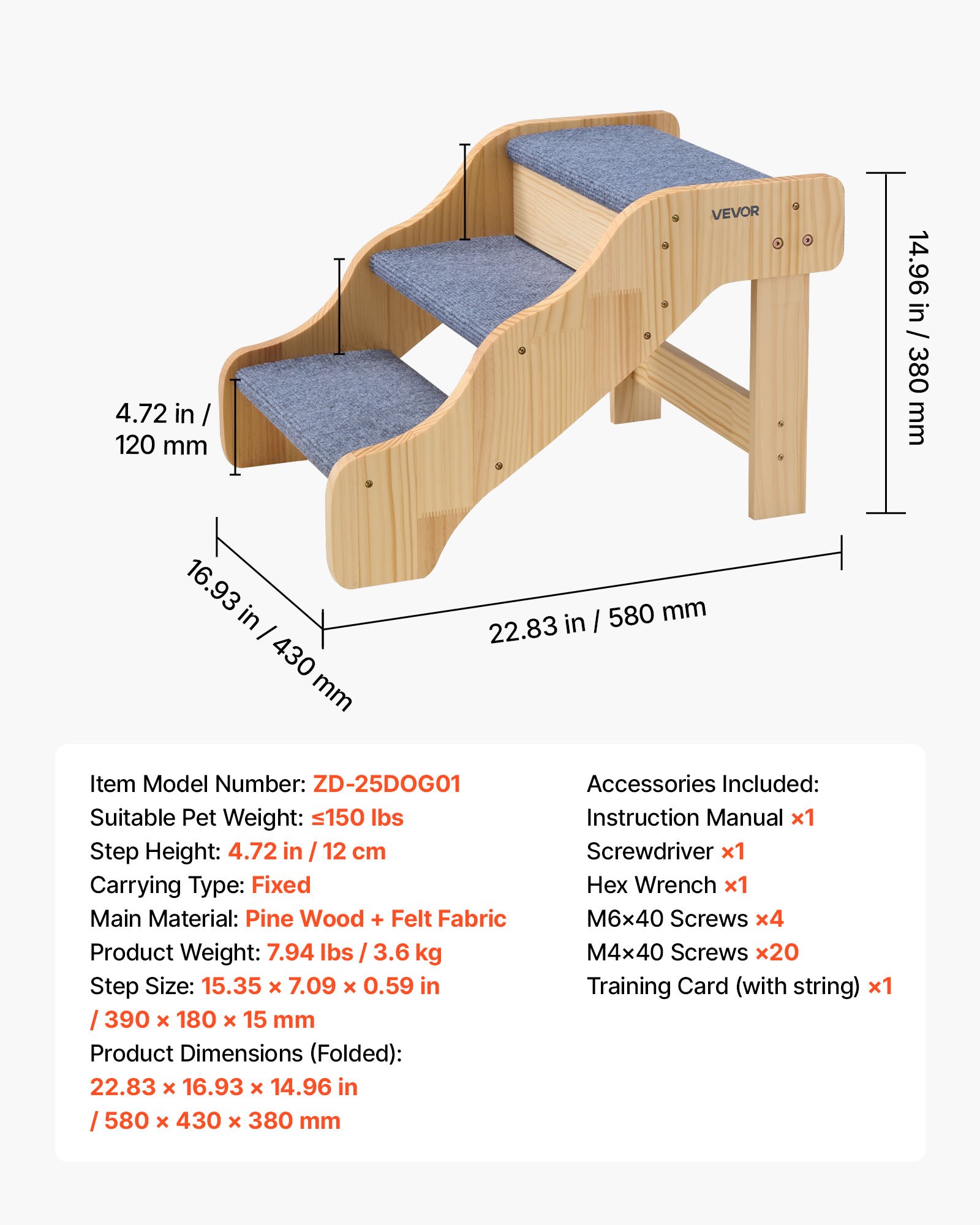 VEVOR Hondentrap 580x430x380 mm, 3-treden huisdierentrap, houten trap geschikt voor kleine, middelgrote, grote en oudere huisdieren, evenals puppy's tot 68 kg, hondenladder voor bedden, banken en auto's