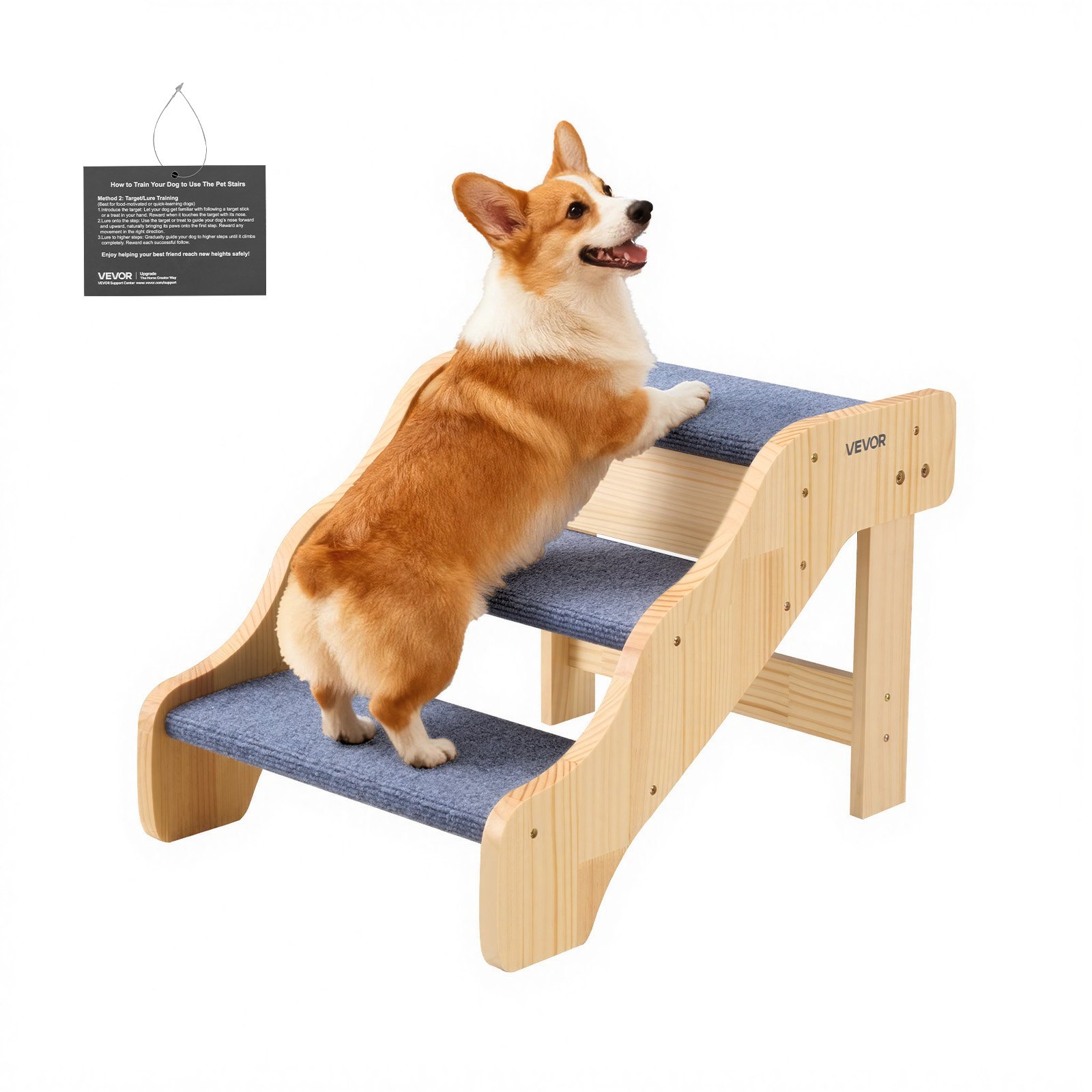 VEVOR Hondentrap 580x430x380 mm, 3-treden huisdierentrap, houten trap geschikt voor kleine, middelgrote, grote en oudere huisdieren, evenals puppy's tot 68 kg, hondenladder voor bedden, banken en auto's