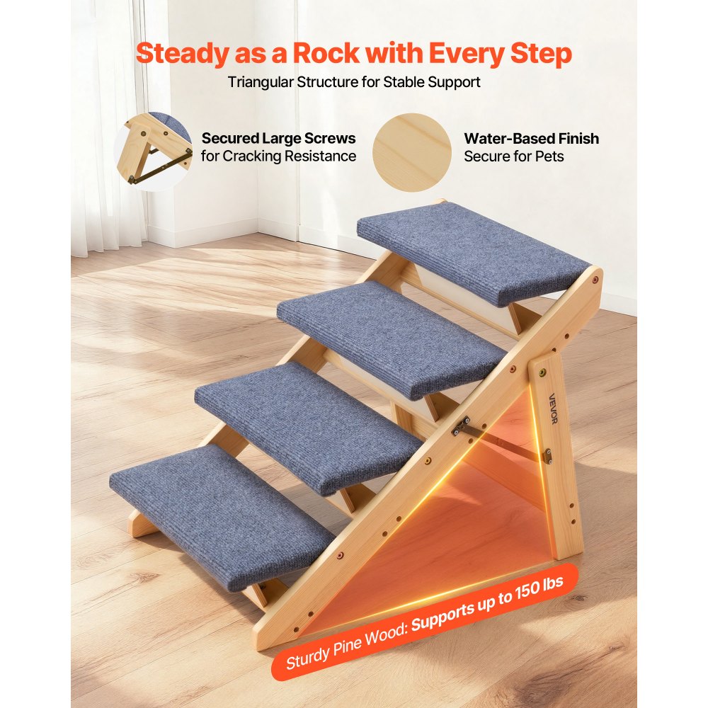 VEVOR Hondentrap 630x470x490 mm, 4-treden huisdierentrap, opvouwbare houten trap, geschikt voor kleine, middelgrote, grote en oudere huisdieren, evenals puppy's tot 68 kg, hondenladder voor bedden, banken en auto's.
