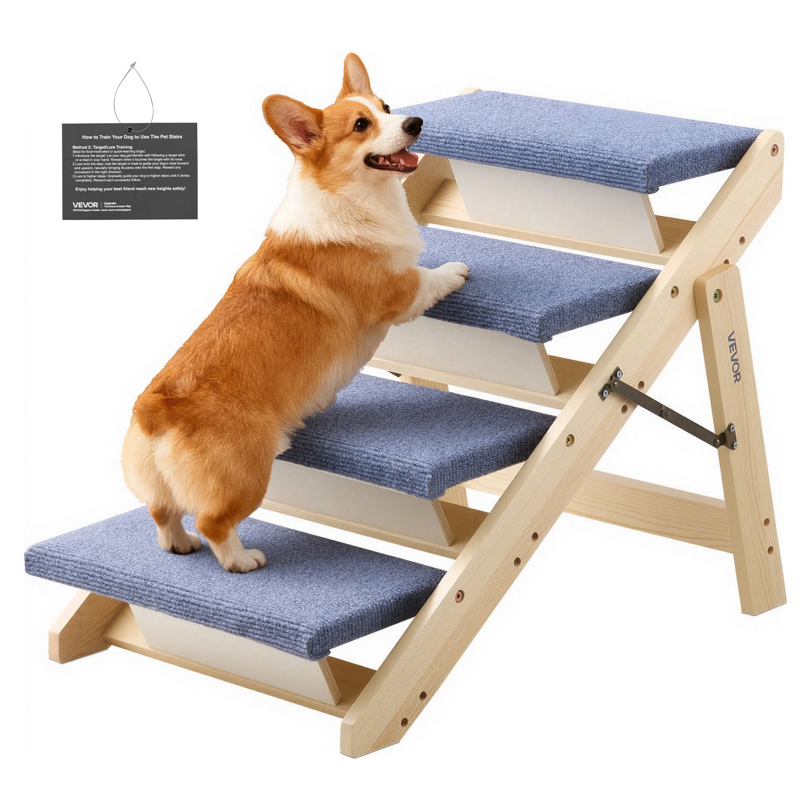 VEVOR Wood Pet Stairs, 4-Step Dog Stairs for Beds, Sofa & Cars, 68 kg Load Capacity, Floded Flat Design, Stable & Sturdy Cat & Dog Step Ladder for Small Medium Large Older Pet Puppy Essentials