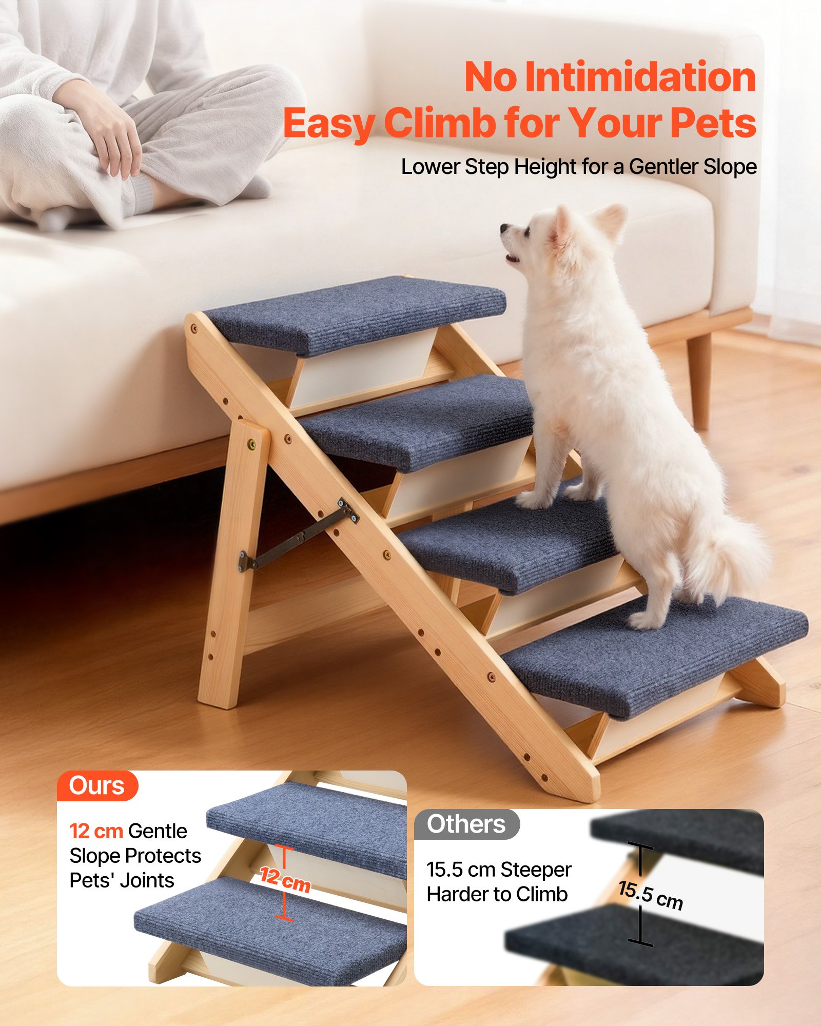 VEVOR Hondentrap 630x470x490 mm, 4-treden huisdierentrap, opvouwbare houten trap, geschikt voor kleine, middelgrote, grote en oudere huisdieren, evenals puppy's tot 68 kg, hondenladder voor bedden, banken en auto's.