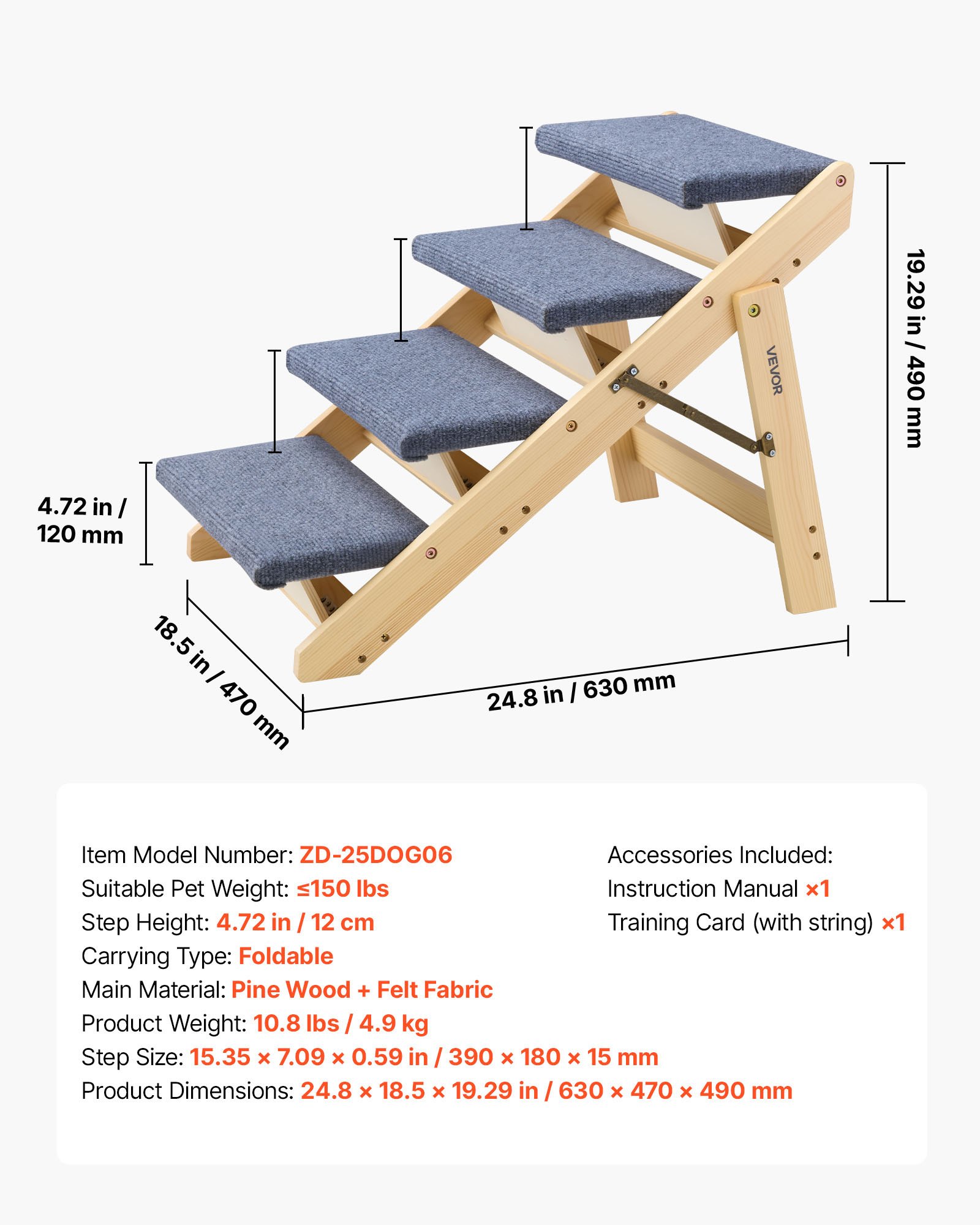 VEVOR Hondentrap 630x470x490 mm, 4-treden huisdierentrap, opvouwbare houten trap, geschikt voor kleine, middelgrote, grote en oudere huisdieren, evenals puppy's tot 68 kg, hondenladder voor bedden, banken en auto's.