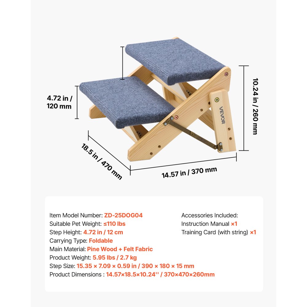 VEVOR Hondentrap 370x470x260 mm, 2-treden huisdierentrap, opvouwbare houten trap, geschikt voor kleine, middelgrote, grote en oudere huisdieren, evenals puppy's tot 50 kg, hondenladder voor bedden, banken en auto's.