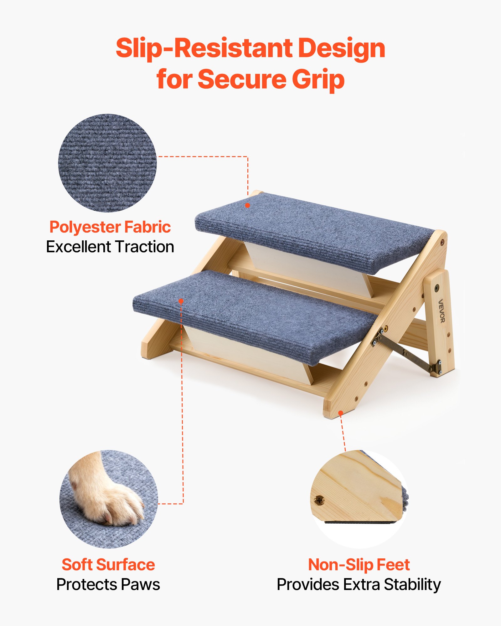 VEVOR Hondentrap 370x470x260 mm, 2-treden huisdierentrap, opvouwbare houten trap, geschikt voor kleine, middelgrote, grote en oudere huisdieren, evenals puppy's tot 50 kg, hondenladder voor bedden, banken en auto's.