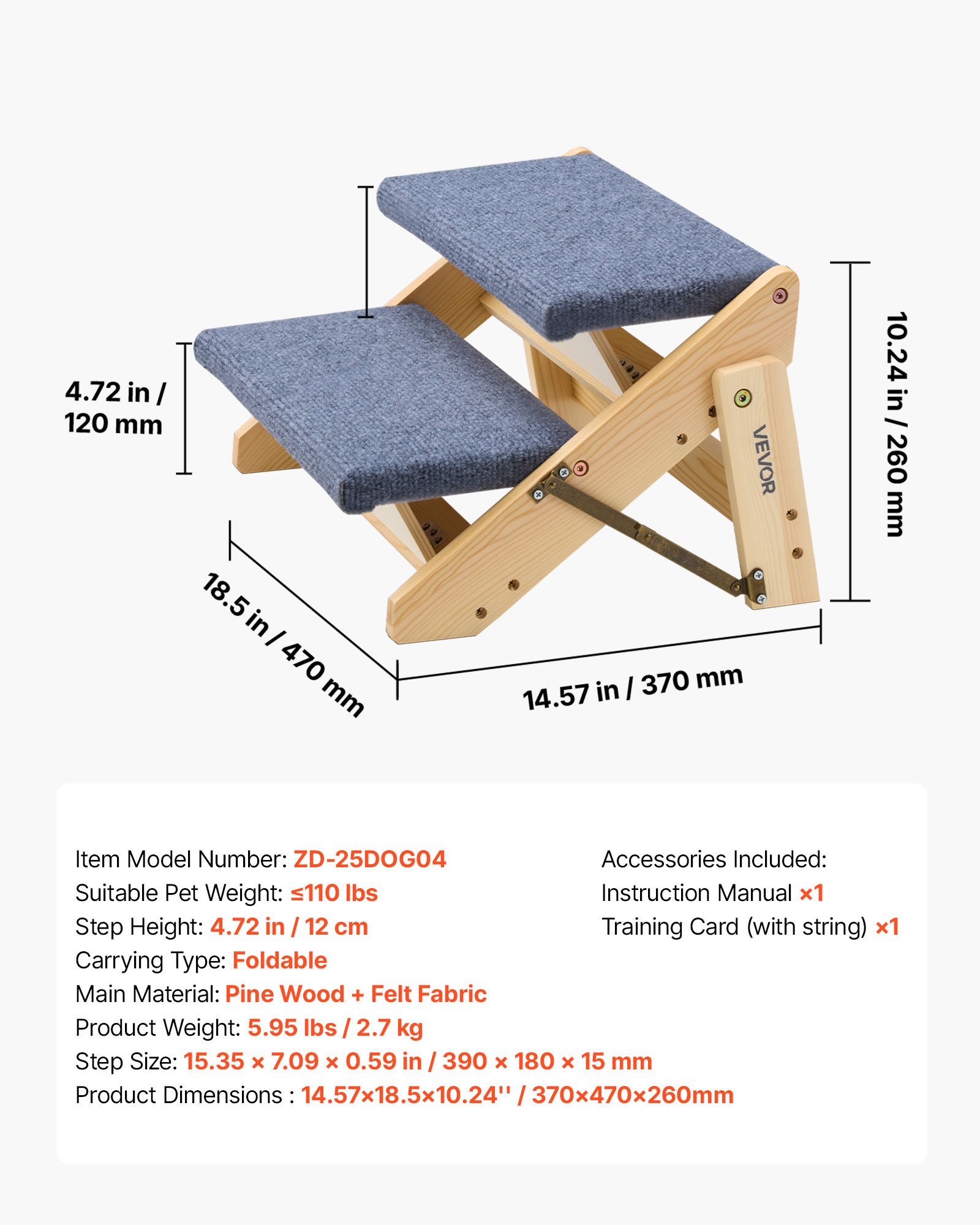 VEVOR Hondentrap 370x470x260 mm, 2-treden huisdierentrap, opvouwbare houten trap, geschikt voor kleine, middelgrote, grote en oudere huisdieren, evenals puppy's tot 50 kg, hondenladder voor bedden, banken en auto's.