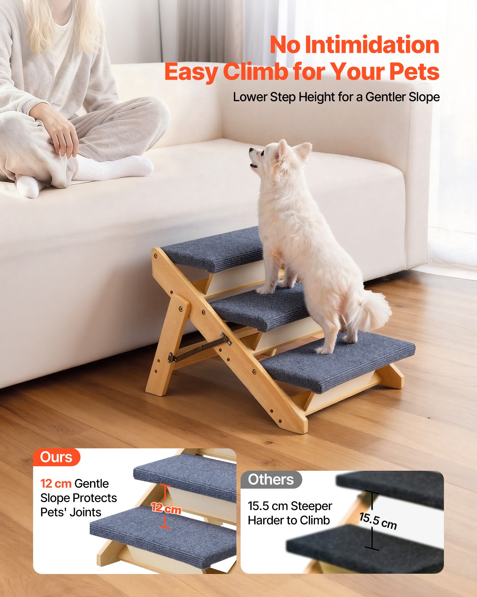 VEVOR Wood Pet Stairs, 3-Step Dog Stairs for Beds, Sofa & Cars, 68 kg Load Capacity, Floded Flat Design, Stable & Sturdy Cat & Dog Step Ladder for Small Medium Large Older Pet Puppy Essentials