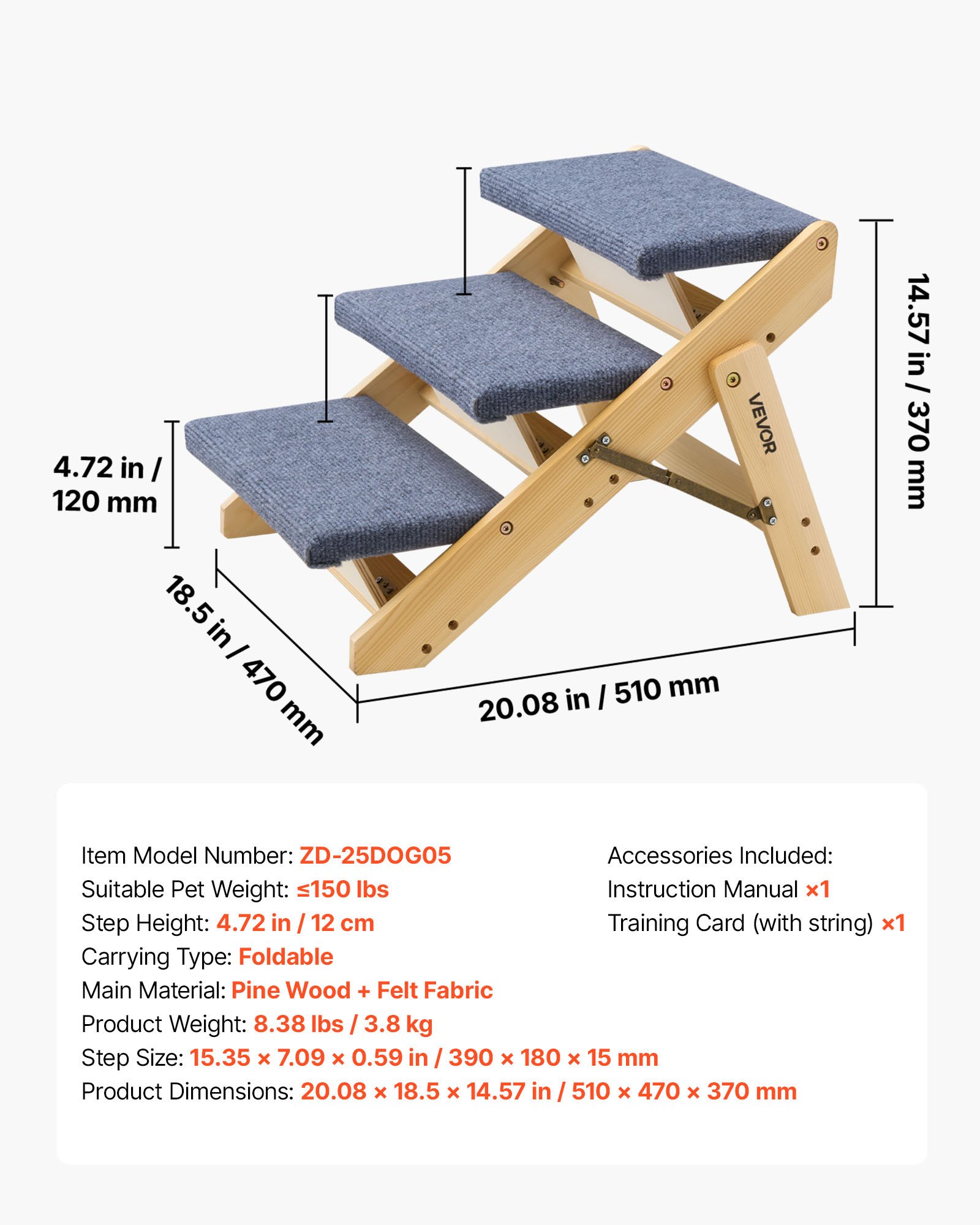 VEVOR Wood Pet Stairs, 3-Step Dog Stairs for Beds, Sofa & Cars, 68 kg Load Capacity, Floded Flat Design, Stable & Sturdy Cat & Dog Step Ladder for Small Medium Large Older Pet Puppy Essentials