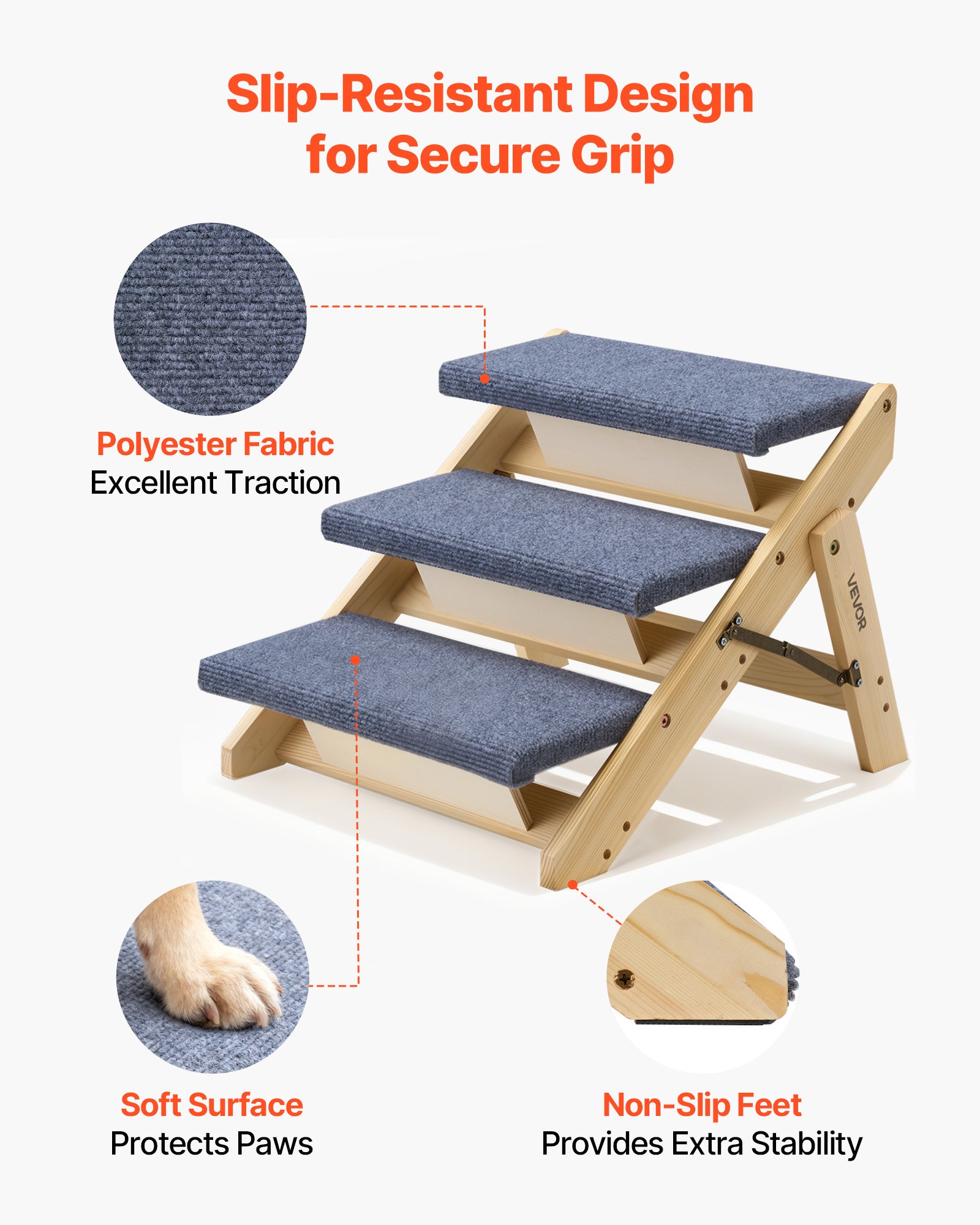 VEVOR Hondentrap 510x470x370 mm, 3-treden huisdierentrap, opvouwbare houten trap, geschikt voor kleine, middelgrote, grote en oudere huisdieren, evenals puppy's tot 68 kg, hondenladder voor bedden, banken en auto's.