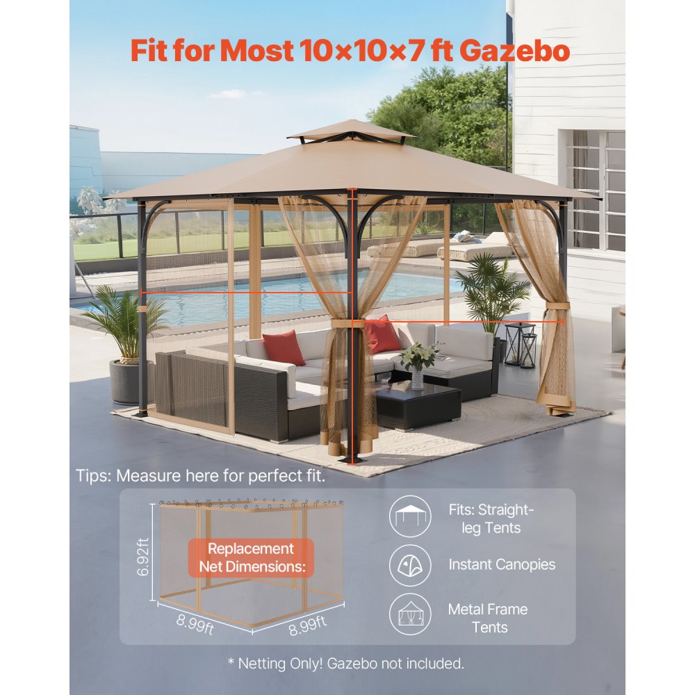 VEVOR muggennet voor tuinpaviljoen, vervanging voor muggennet, geschikt voor tuinpaviljoens van 304,8 x 304,8 x 213,4 cm, insectennet, 4-delig zijpaneel gordijn voor tuinpaviljoen, met dubbele ritssluiting (alleen net)